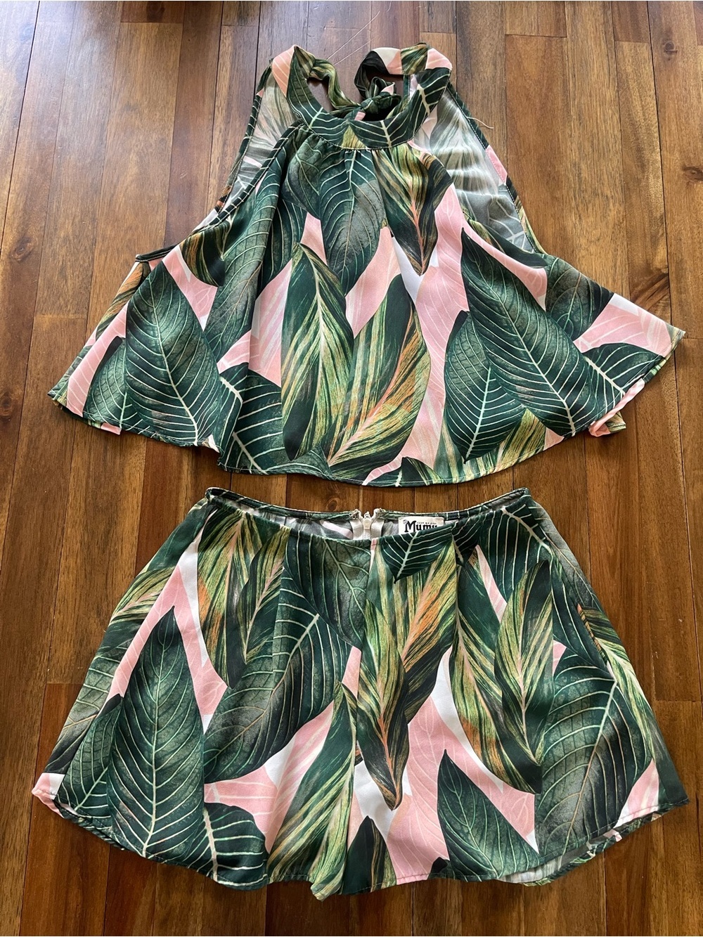 Show Me Your MuMu Tropical Leaf Two-Piece Short Set in Green & Pink